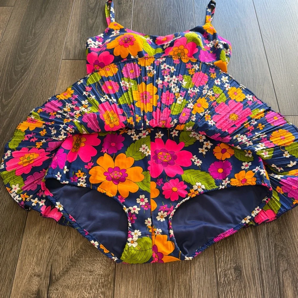 Sandcastle Vintage Floral Pleated Swim Dress Navy Pink Size 10 Retro Mod - Picture 6 of 16